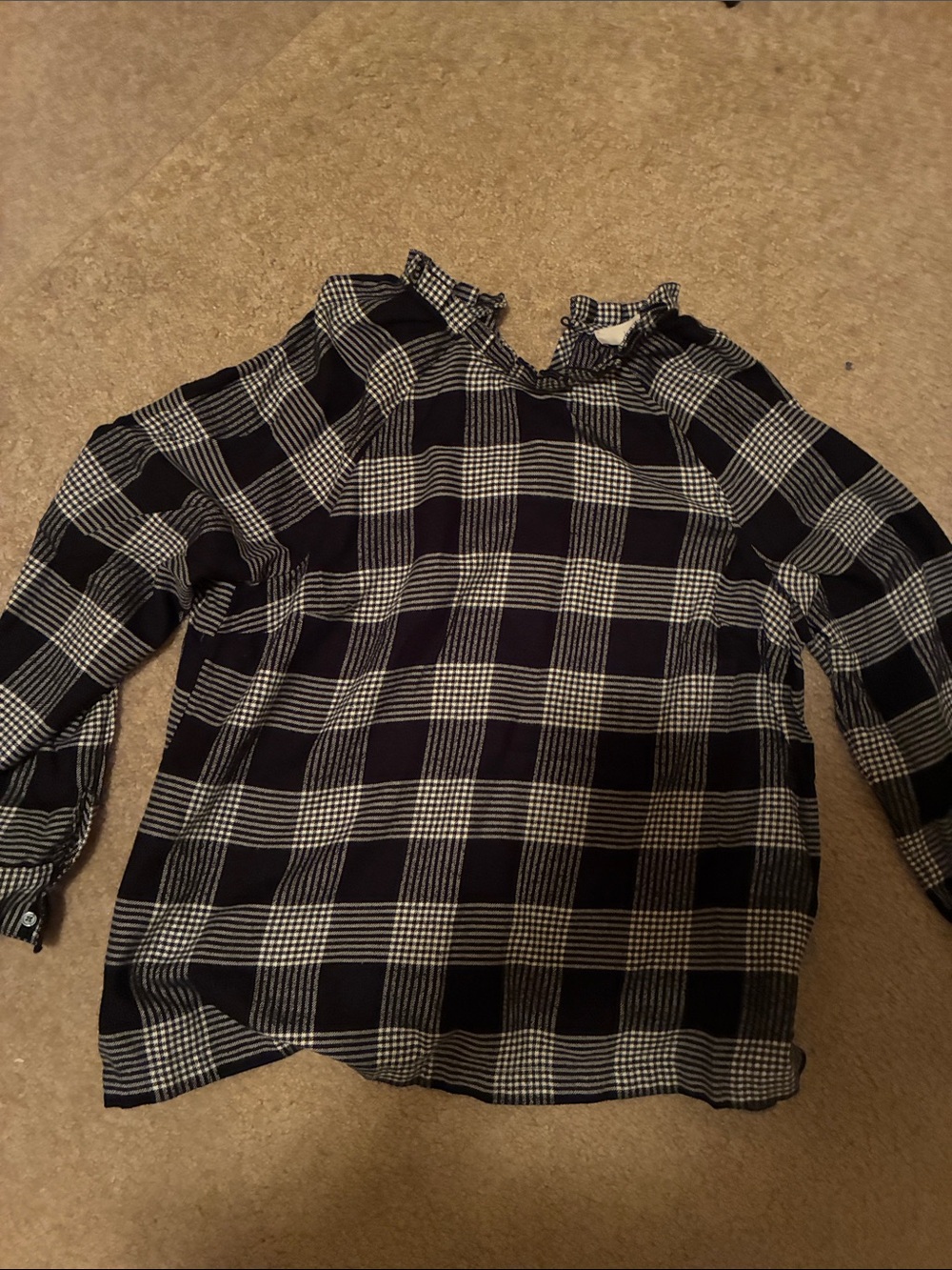 LOFT Black and White Plaid Ruffle-Neck Blouse
